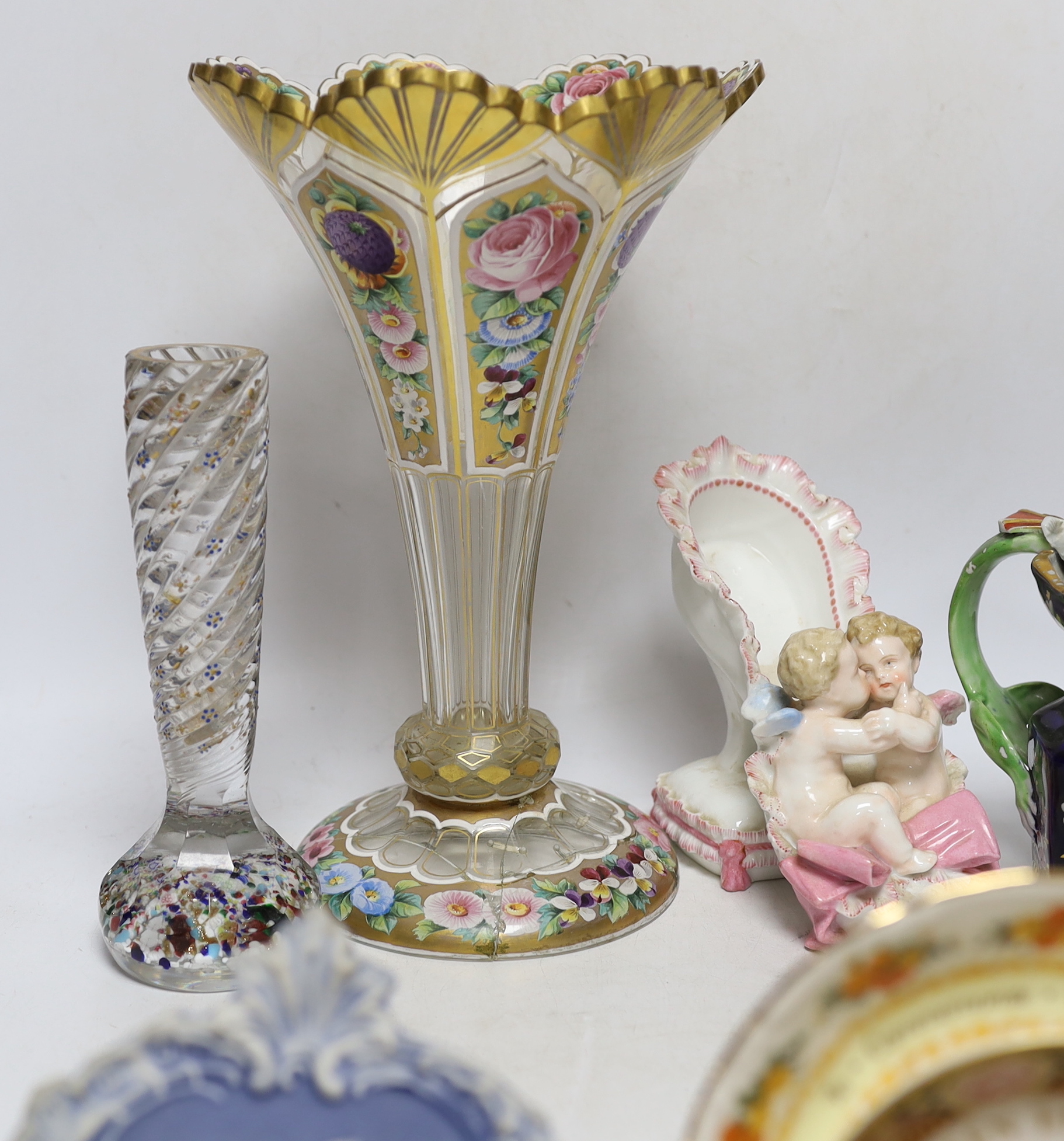A Bohemian enamelled glass vase, with mixed 19th century and later English and continental pottery